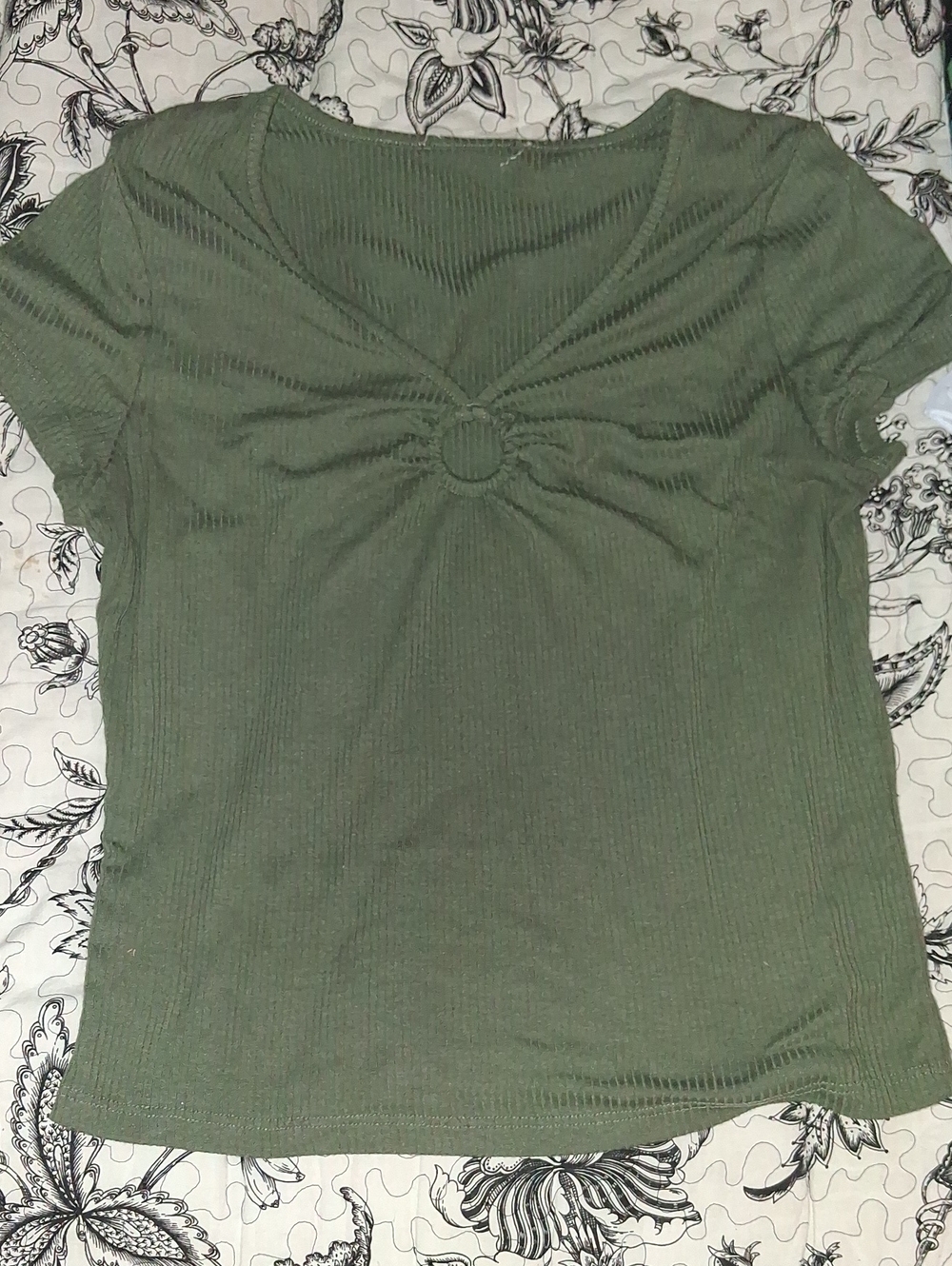 Hollister Olive Green Ribbed Short Sleeve Top with Ring Detail